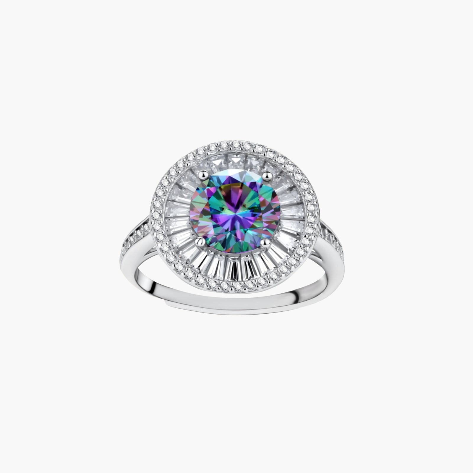 Close-up of sterling silver halo ring with round rainbow moissanite center stone surrounded by baguette-cut stones