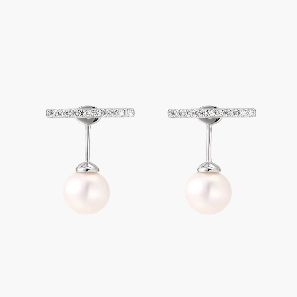 Rhodium-plated sterling silver ear jacket earrings with diamond-set horizontal bar and freshwater pearl drop