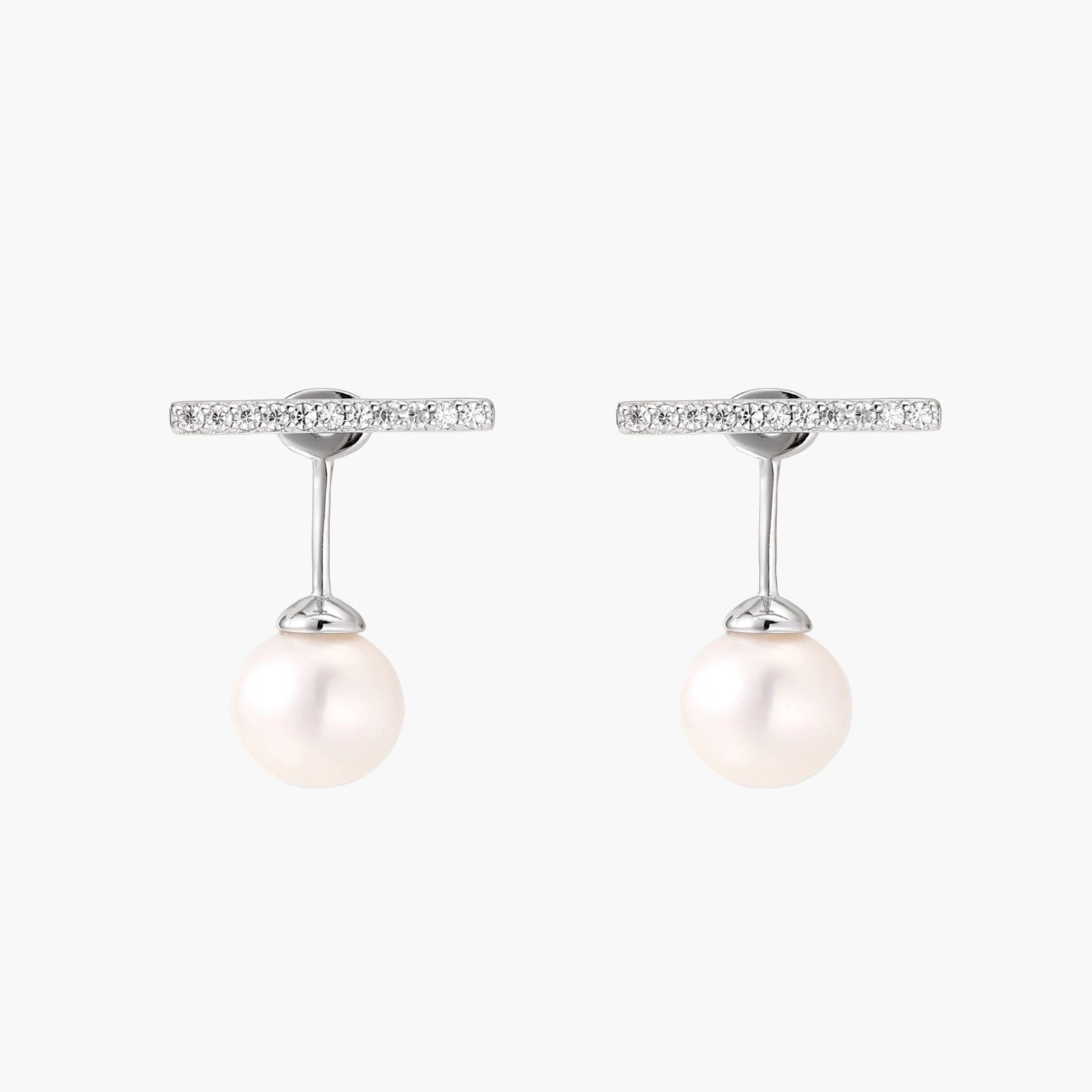 Rhodium-plated sterling silver ear jacket earrings with diamond-set horizontal bar and freshwater pearl drop
