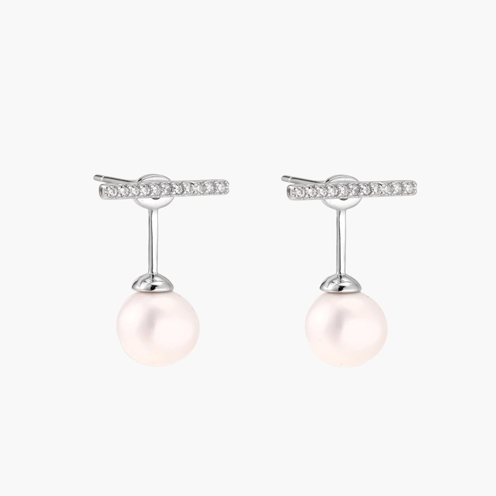 Rhodium-plated sterling silver ear jacket earrings with diamond-set horizontal bar and freshwater pearl drop