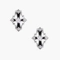 Pair of Art Deco-style stud earrings with star crystals, black enamel accents, and white gold plating on ivory background.