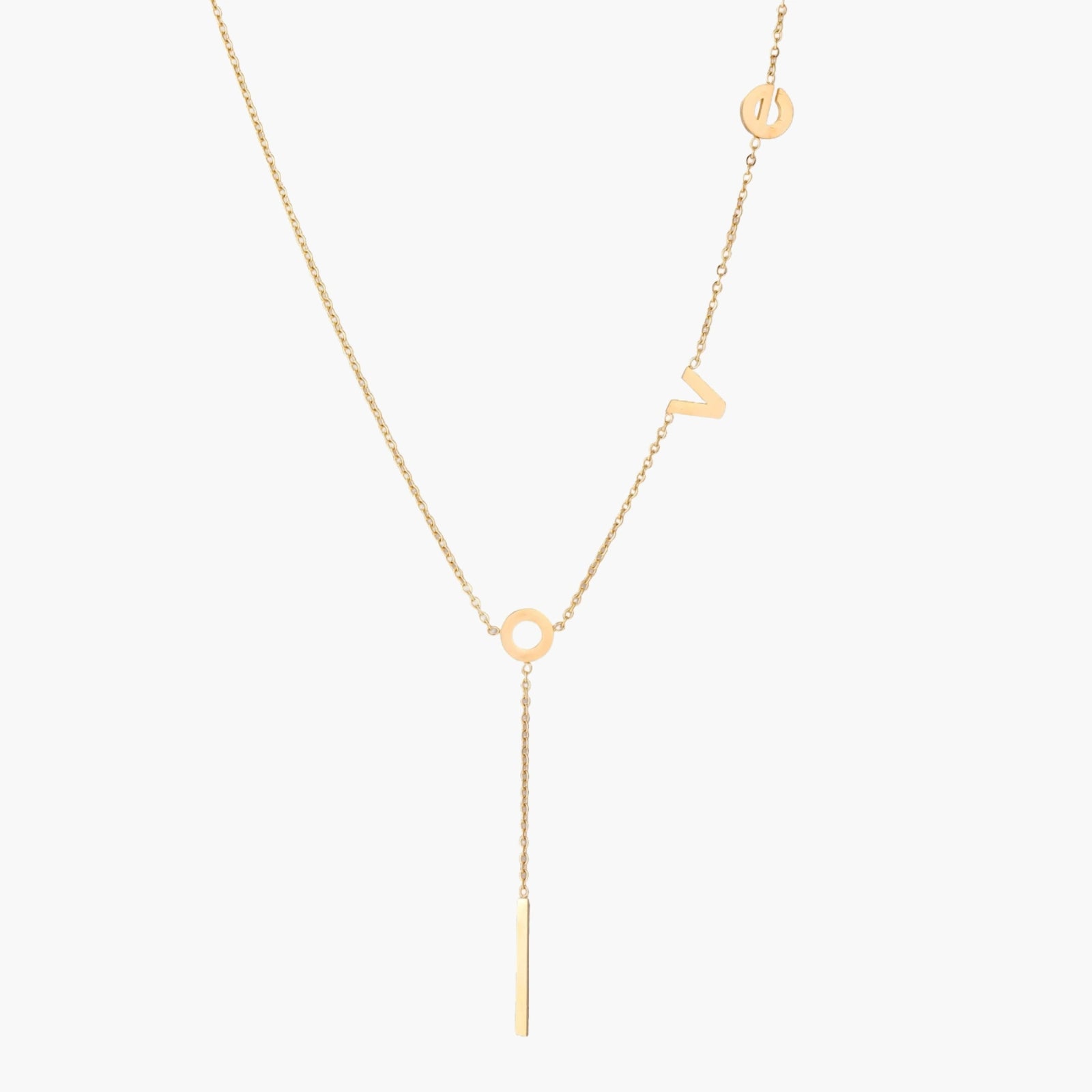 Gold Y-shaped necklace with L-O-V-E letter charms and vertical bar pendant on delicate chain against cream background