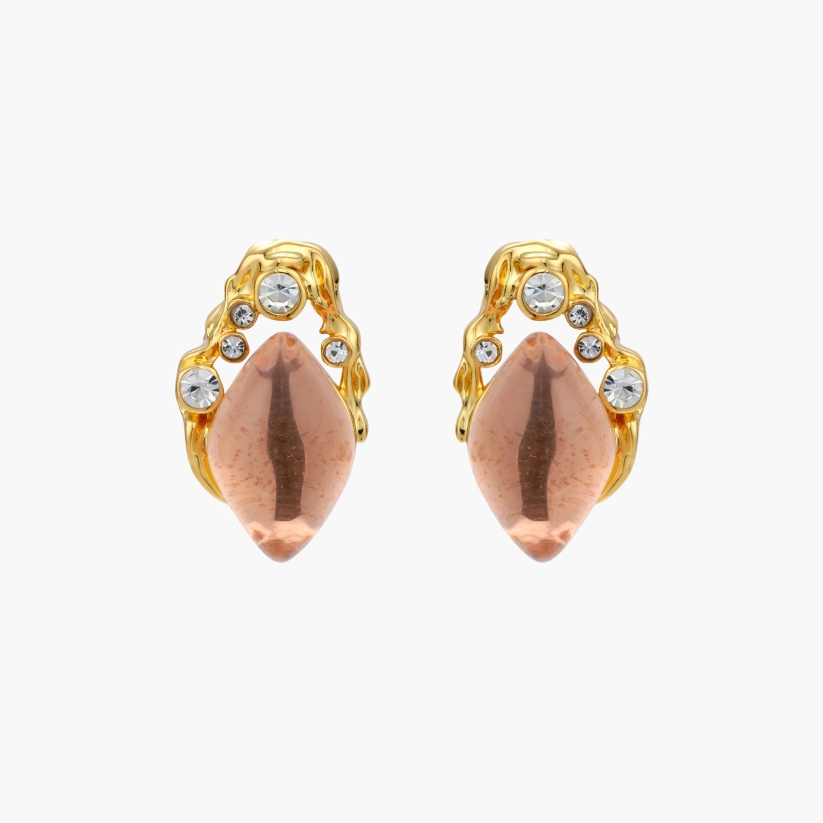 Gold-plated baroque stud earrings with coral-pink liuli stones and cubic zirconia crystals on white background.