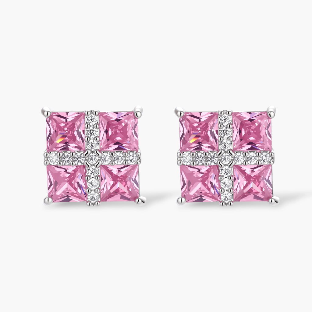 White gold plated jewelry set with pink cubic zirconia stones in geometric cross design, featuring Y-necklace and square stud earrings